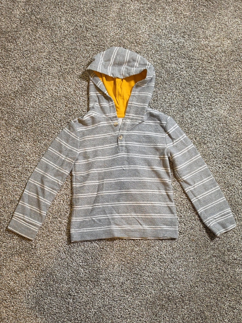 Gray Striped Hooded Sweater with Yellow Lining